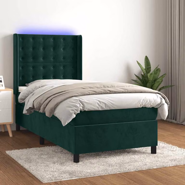 Letto Ibrido con Materasso a Molle Insacchettate e Illuminazione LED vidaXL in Velluto Verde Scuro, L/P: 80 x 200 cm