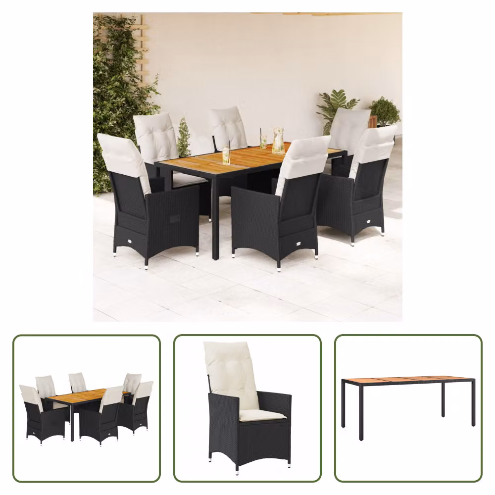 The Living Store Set da pranzo da giardino 7 pezzi con cuscini in polirattan nero