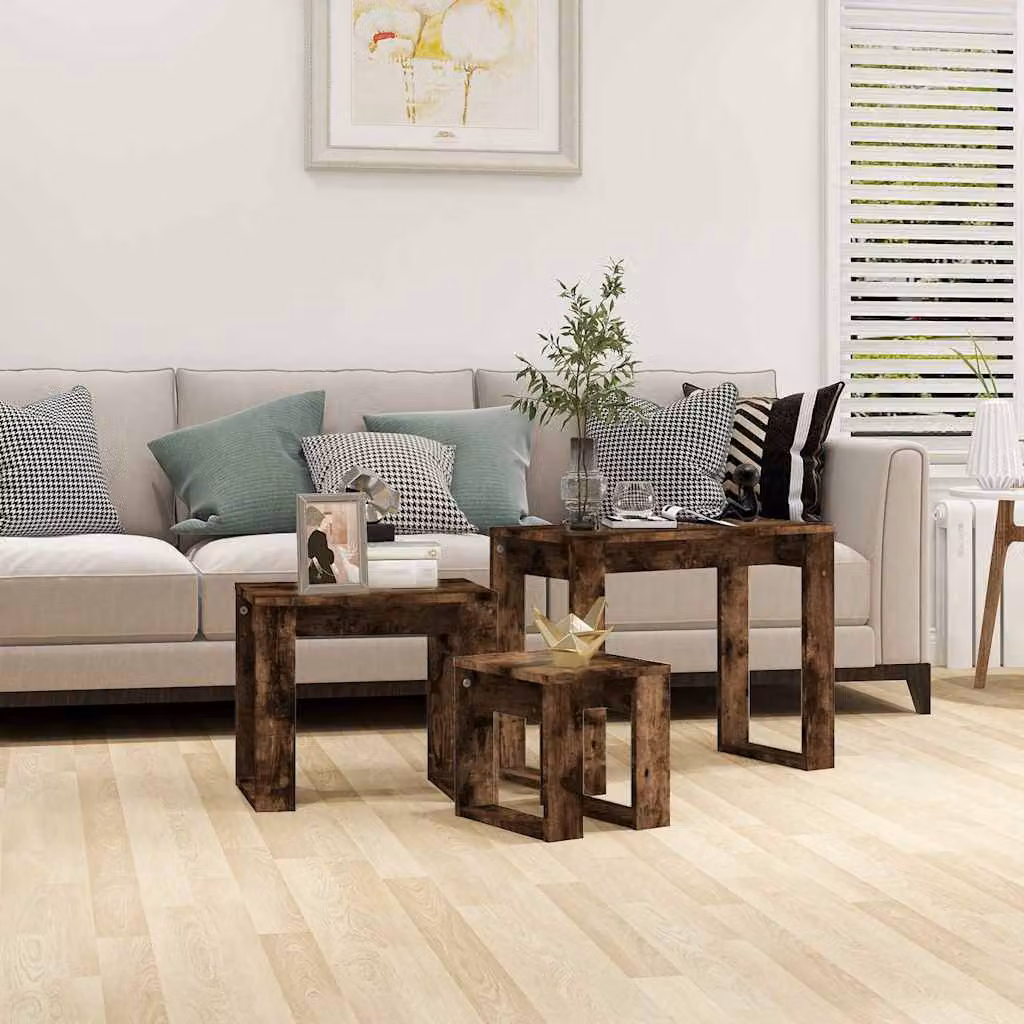 Set di 3 tavolini impilabili vidaXL in legno multistrato e MDF, colore rovere fumo, design moderno per soggiorno o camera da letto