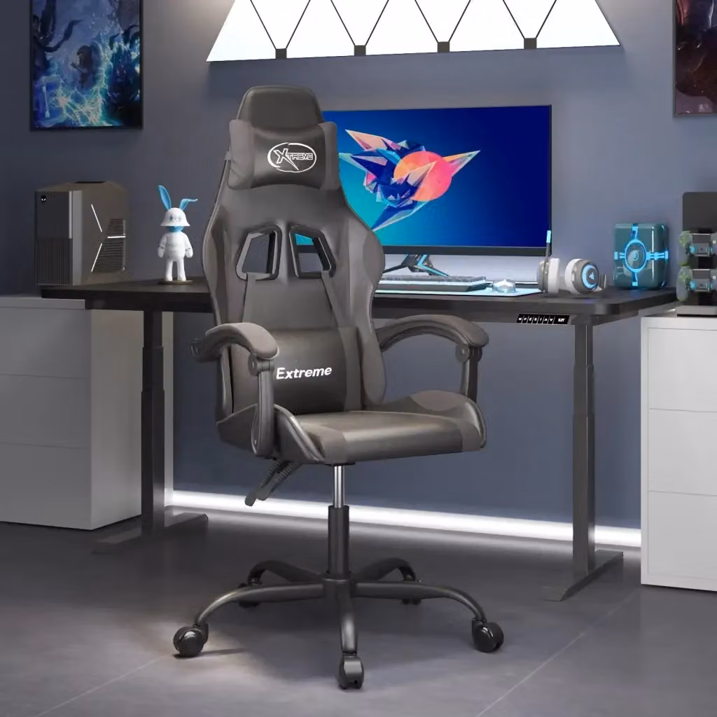 Sedia da Gaming Sportiva Nera e Grigia in Similpelle con Poggiatesta e Ruote – 2