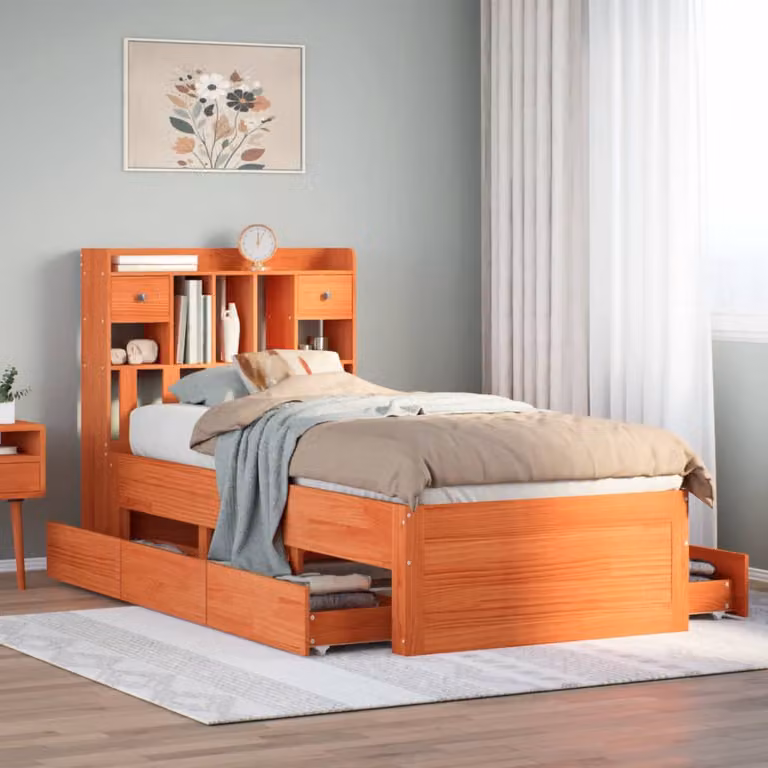 Letto Libreria vidaXL in Legno di Pino Rustico Marrone Cera con Scaffali e Doghe, L: 190 cm, P: 81 cm, H: 110 cm