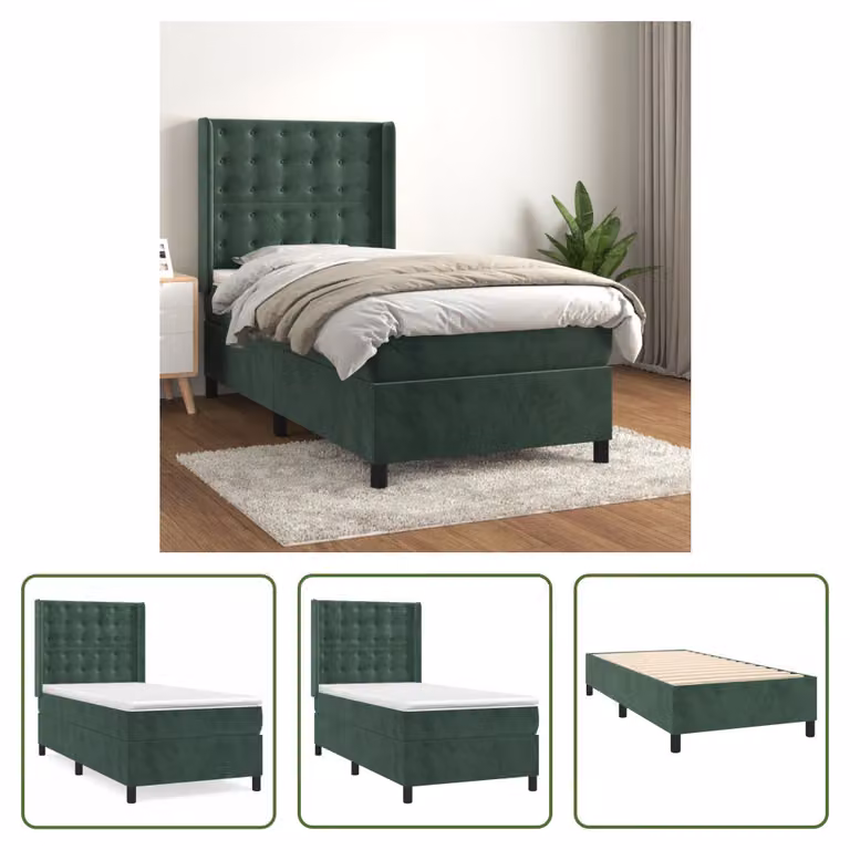 The Living Store Letto a molle con materasso verde scuro 90x200 cm in velluto