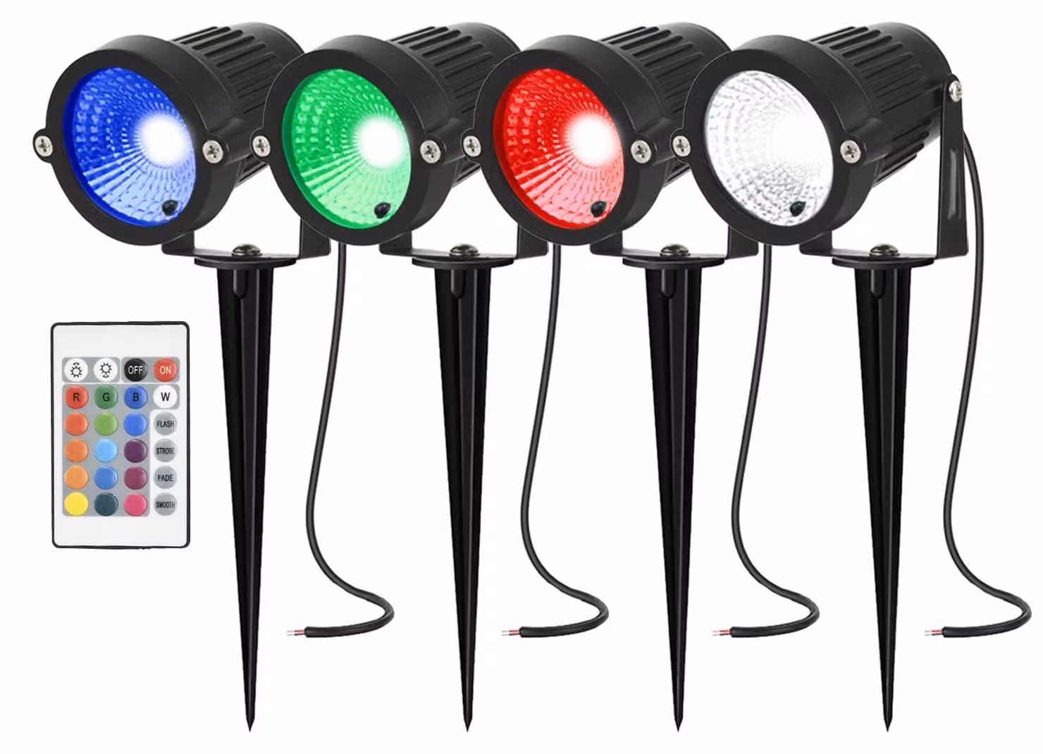 Set di 4 faretti da giardino a LED, grado di protezione IP66, 5W, 12V DC, RGBW, con telecomando