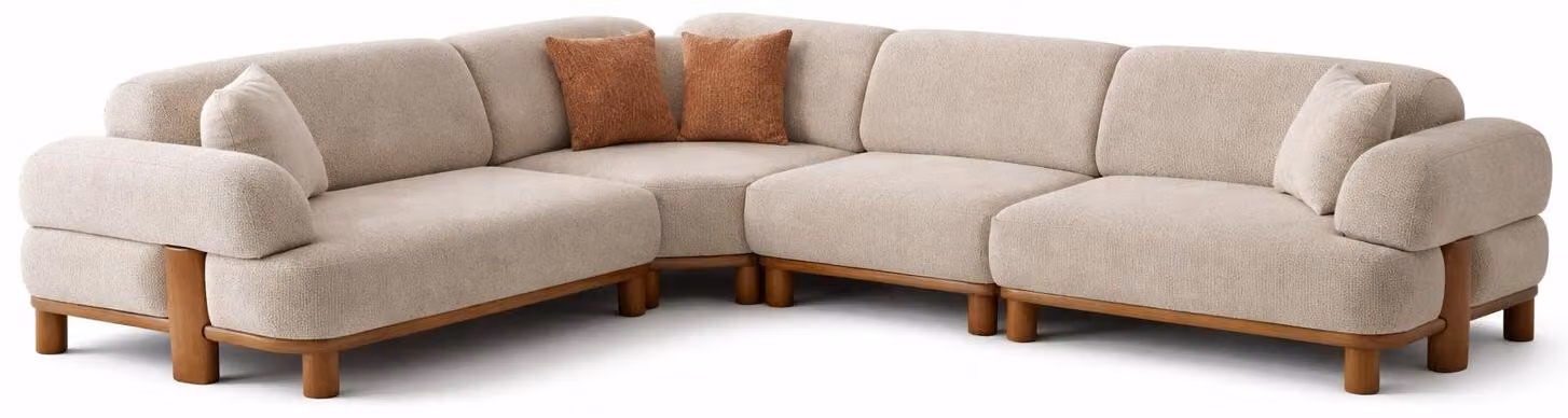 Divano angolare beige, stile moderno, modulare, con braccioli imbottiti e struttura in legno