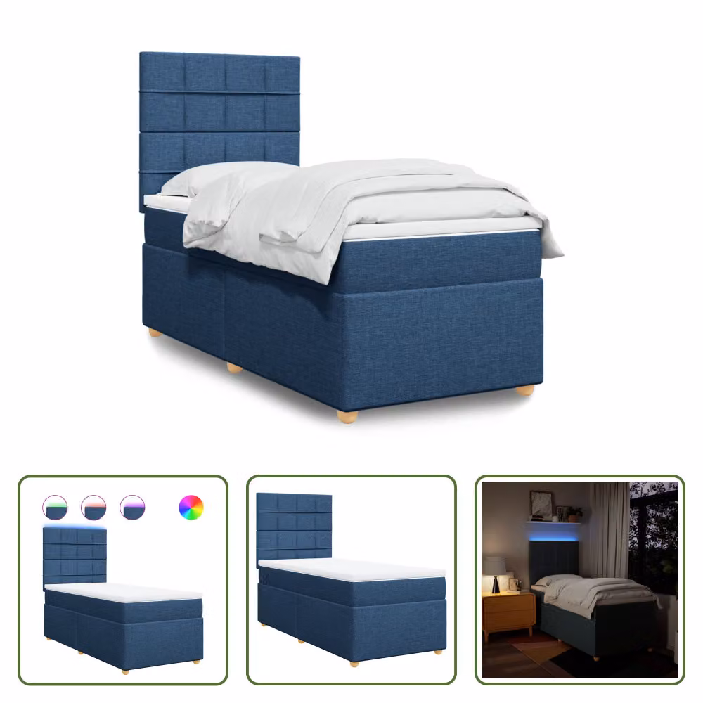 The Living Store Letto a molle con materasso blu 100x200 cm in tessuto
