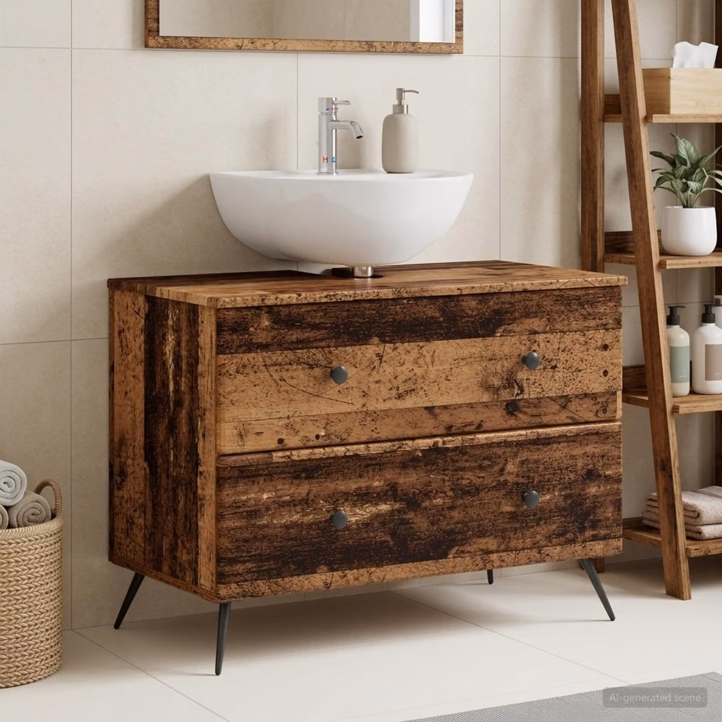Armadio per lavabo da bagno vidaXL BREDA in legno antico marrone con cassetti e ripiani L 82 x P 41 x H 59 cm