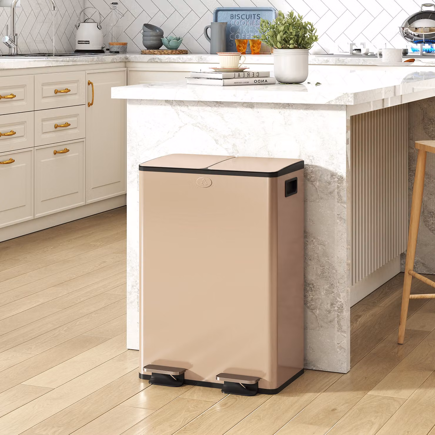 Pattumiera da cucina HOMCOM in acciaio inox con chiusura ammortizzata e doppio contenitore da 2x28 L, colore oro – 2