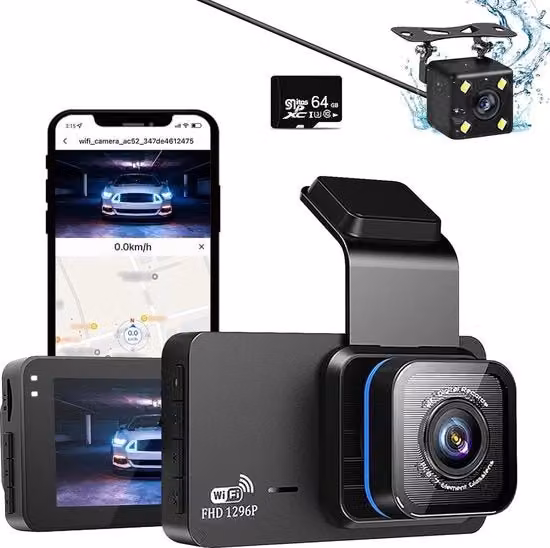 Dual Dashcam per Auto con Doppia Telecamera, Wi-Fi e GPS, Colore Nero