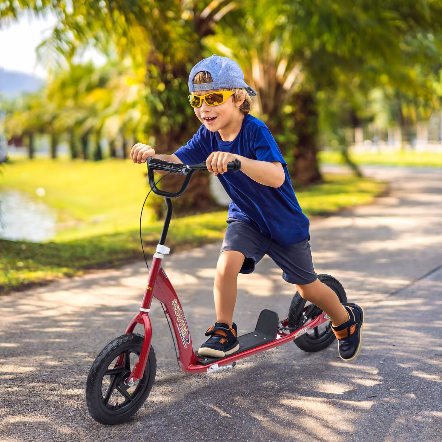 Monopattino per bambini HOMCOM con freno posteriore e manubrio regolabile, Rosso, L: 120 cm, P: 52 cm, H: 80-88 cm – 2