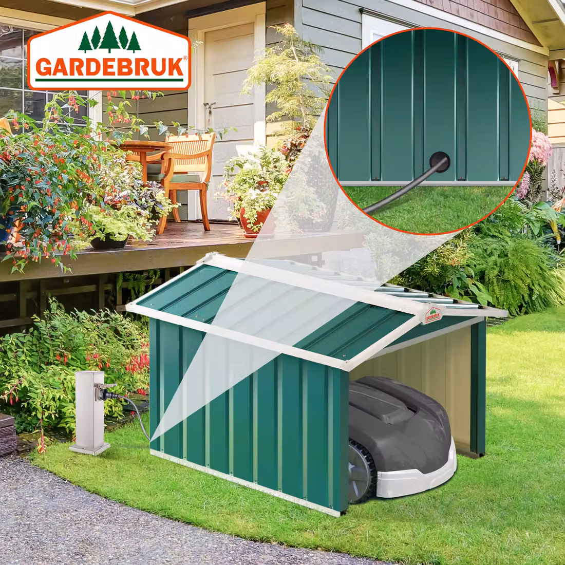 Garage per robot tagliaerba Gardebruk in acciaio zincato e PVC verde con tetto spiovente moderno L: 100 cm, P: 86 cm, H: 63 cm – 2