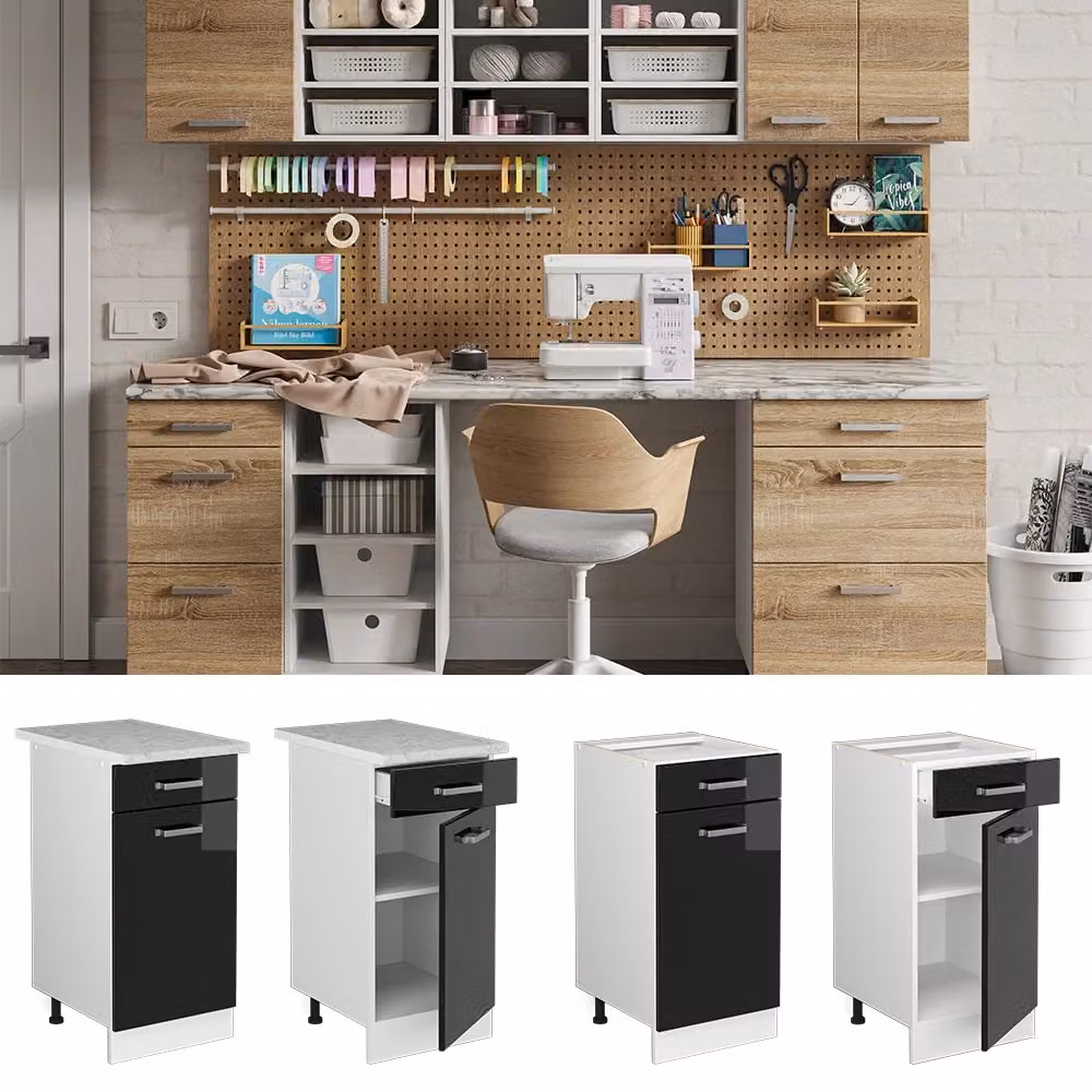 Base universale Vicco R-Line Nero lucido con cassetto e piano di lavoro, L: 60 cm, P: 40 cm, H: 81,6 cm – 2
