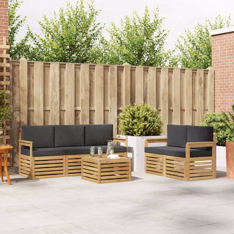 Set di divani da esterno moderno vidaXL composto da 6 pezzi con tavolino da caffè, realizzato in legno di acacia trattato e tessuto bianco e antracite