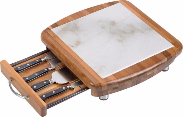 Tagliere per formaggio Alexander Apollo in marmo e legno con coltelli, bianco e marrone, L/P/H: 36 x 36 x 10,5 cm