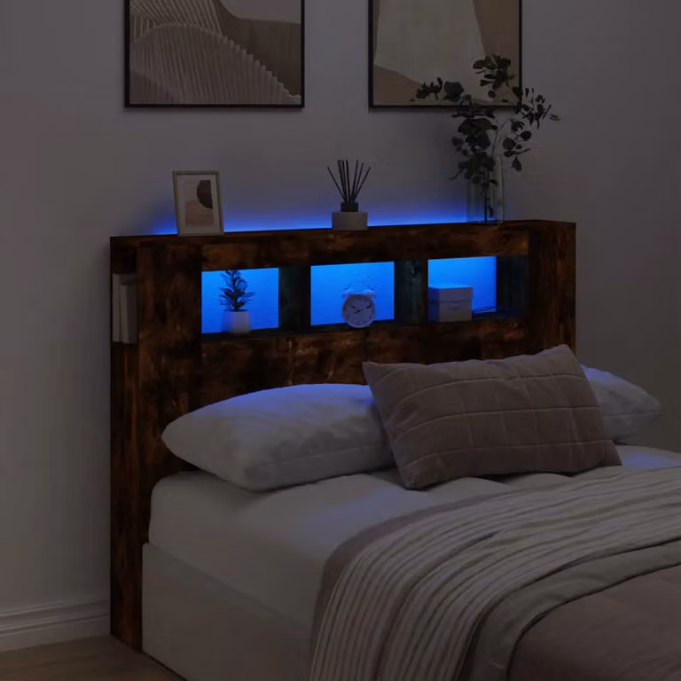 Testiera con LED vidaXL in Rovere Fumo, con mensola integrata e porte USB, L 140 x P 18,5 x H 103,5 cm