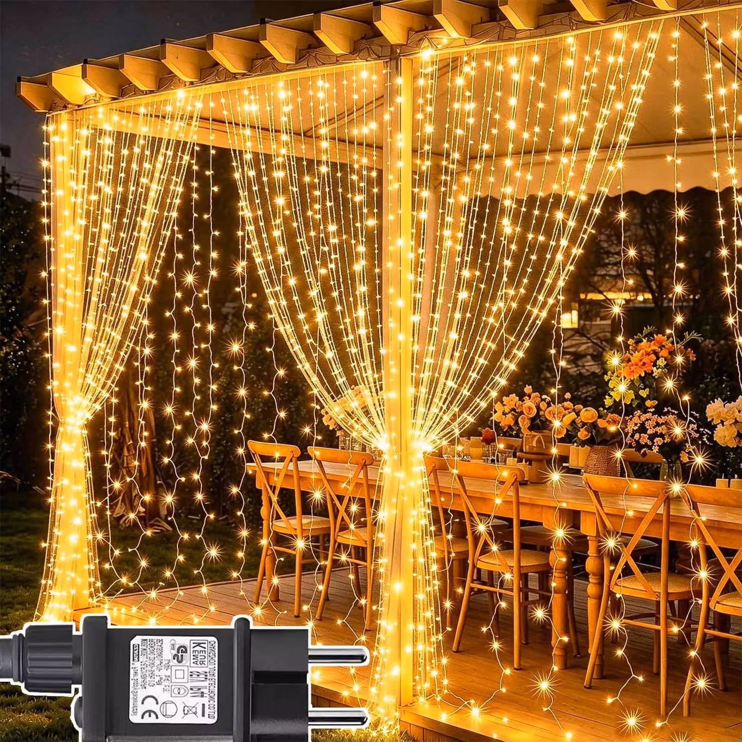 Tenda luminosa, dimensioni 6x3 metri, 600 LED, 8 modalità, dimmerabile, luce bianca calda