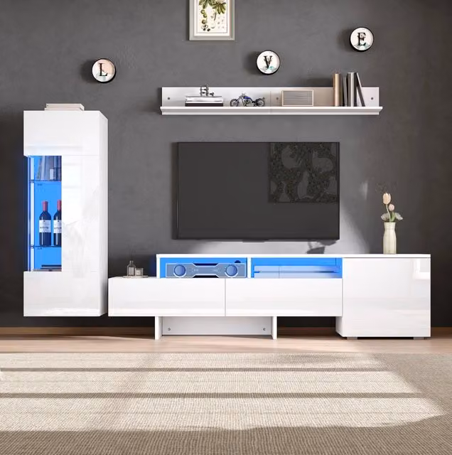 Set mobile TV da parete 3 pezzi con LED; bianco; in truciolare; vetro e acrilico