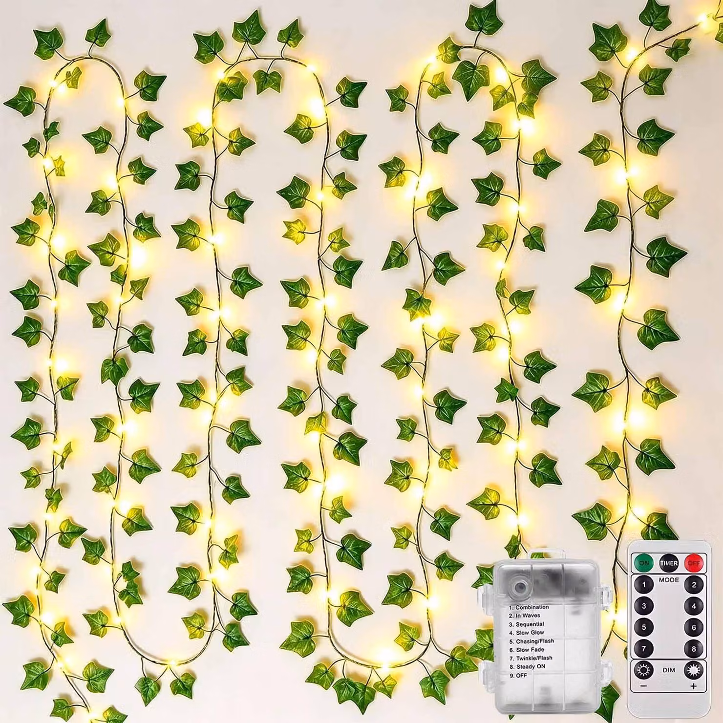 Catena luminosa a LED con decorazioni di edera artificiale, 10 metri, 100 LED, alimentata a batteria