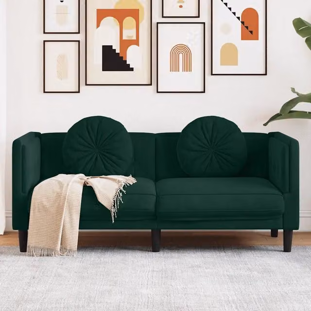 Divano a 2 posti moderno vidaXL in velluto verde con cuscini, L: 173.5 cm, P: 77 cm, H: 70 cm
