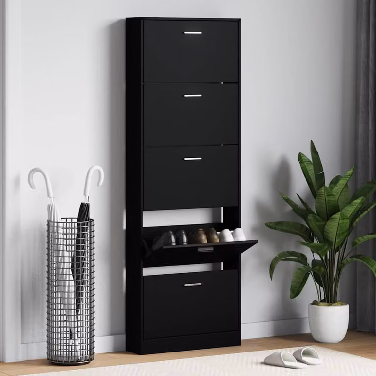 Scarpiera moderna vidaXL nera con ripiani interni e vani a ribalta in legno, L/P/H: 59 x 17 x 169 cm