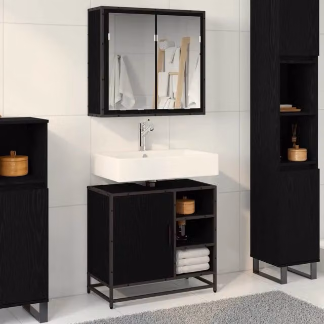 Set di mobili da bagno moderno vidaXL composto da mobile lavabo e armadietto con specchio nero L 65 x P 33 x H 60 cm