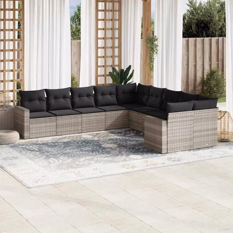 vidaXL Set Divano da Giardino a L in Polyrattan Grigio con 10 Pezzi e Cuscini Imbottiti