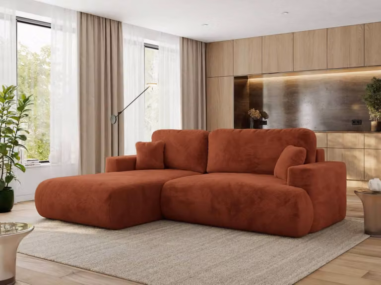 MKS MEBLE divano angolare OVO con funzione letto e box letto, peluche arancione, divano a L, divano angolare a 4 posti, 271x195x95 cm - lato sinistro