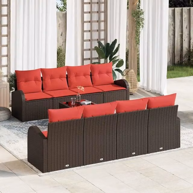Set di divani 9 pz 6-Numero di posti Marrone e Rosso Poliestere 3345974