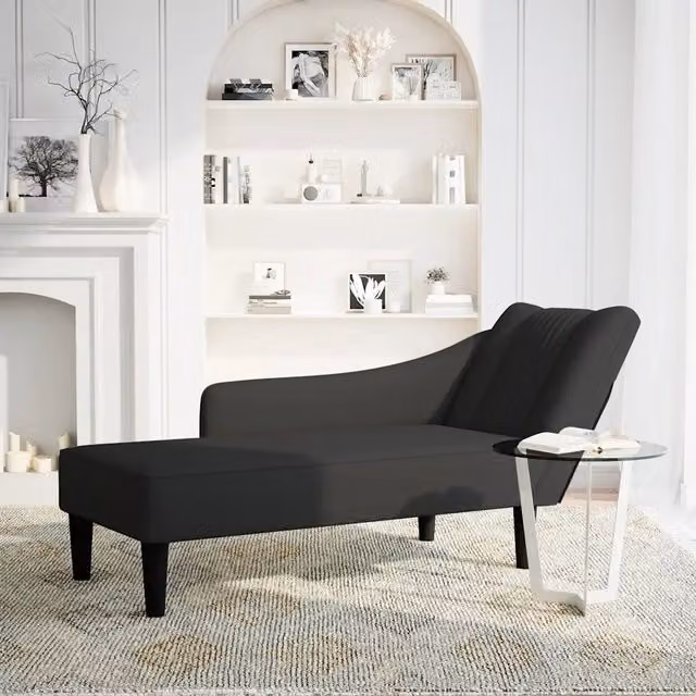 Sdraio Moderna in Velluto Nero con Bracciolo Destro L: 140 cm, P: 56 cm, H: 66 cm