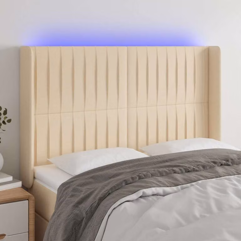 Testiera per letto vidaXL in tessuto beige con illuminazione LED e porta di ricarica USB, L 147 cm x P 16 cm x H 118/128 cm