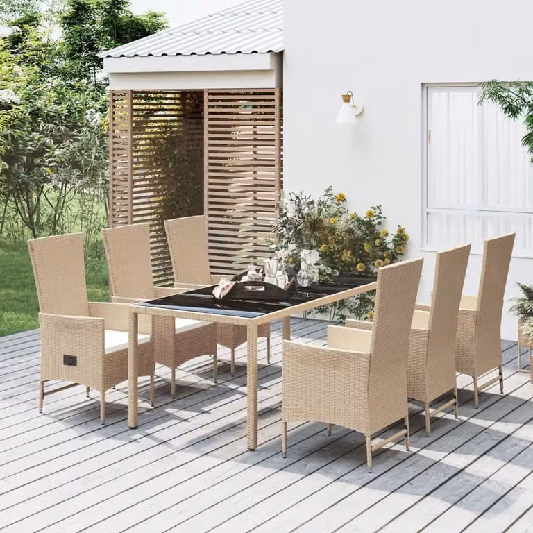 The Living Store Set da pranzo da giardino 7 pezzi con cuscini Beige poly rattan