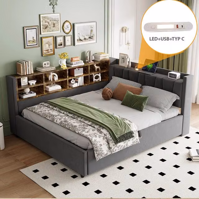 Divano letto-Xylo-140x200 cm-LED, USB-C, velluto grigio scuro