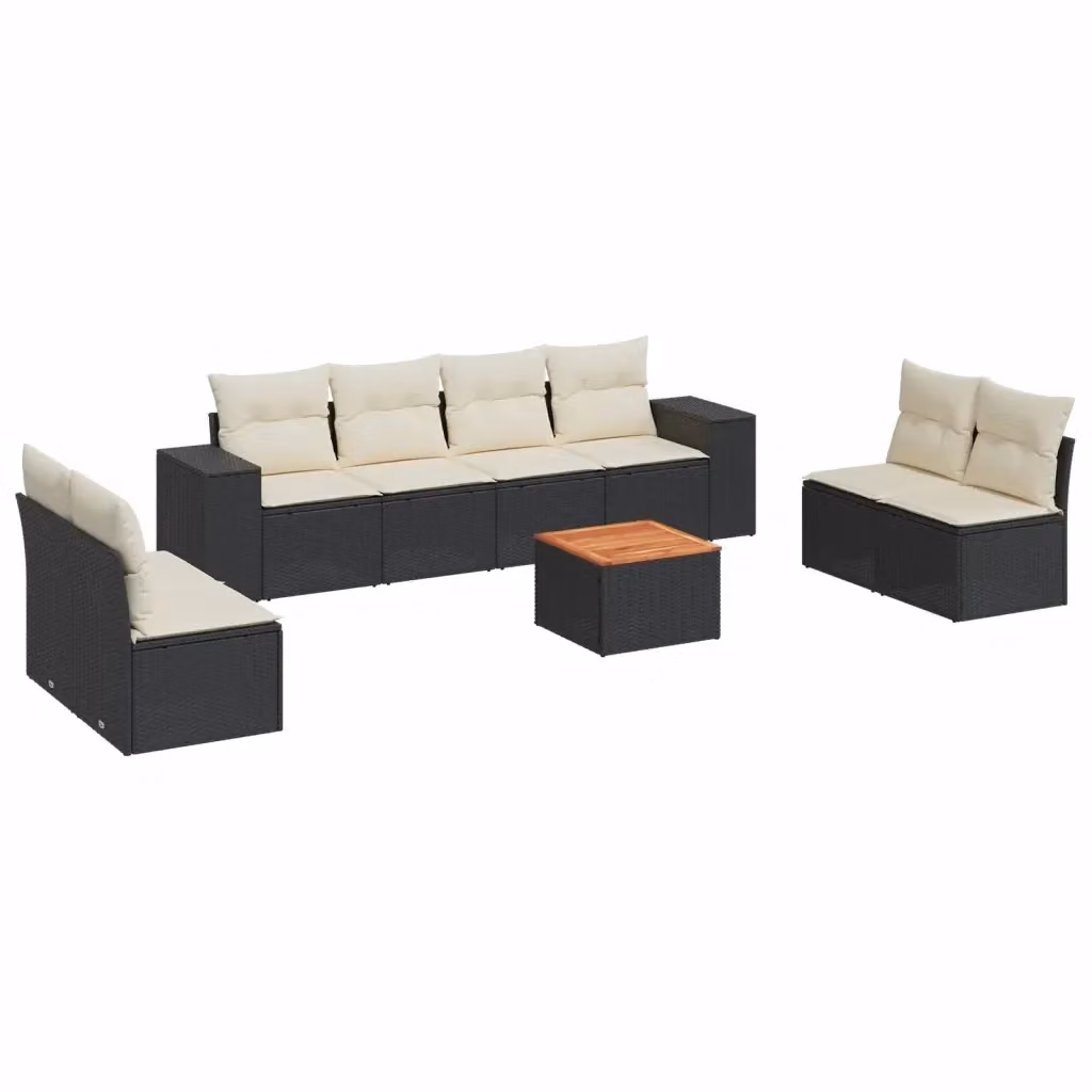 vidaXL Set Divani da Giardino 9 pz in Polyrattan con Cuscini Bianchi e Neri e Tavolino da Esterno a Forma di U – 2