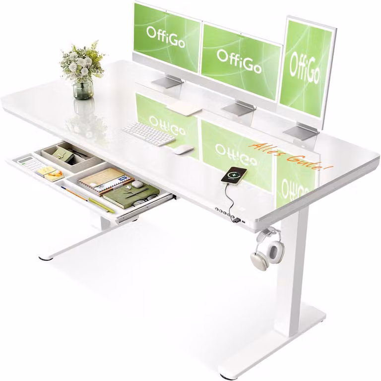 Scrivania regolabile in altezza, vetro, 140x60 cm, con sistema di sollevamento elettrico, cassetto e porta USB-C, colore bianco
