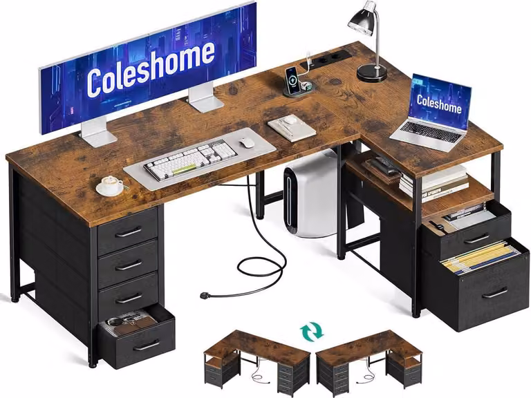 Scrivania a L con cassetti in tessuto Presa USB 140x70cm