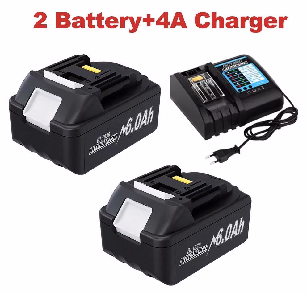 Set di utensili a batteria da 18V - Batteria di ricambio BL1830 agli ioni di litio - 2 batterie da 6,0Ah - Con caricabatterie rapido da 4A - Compatibile con BL1860, BL1840, BL1815