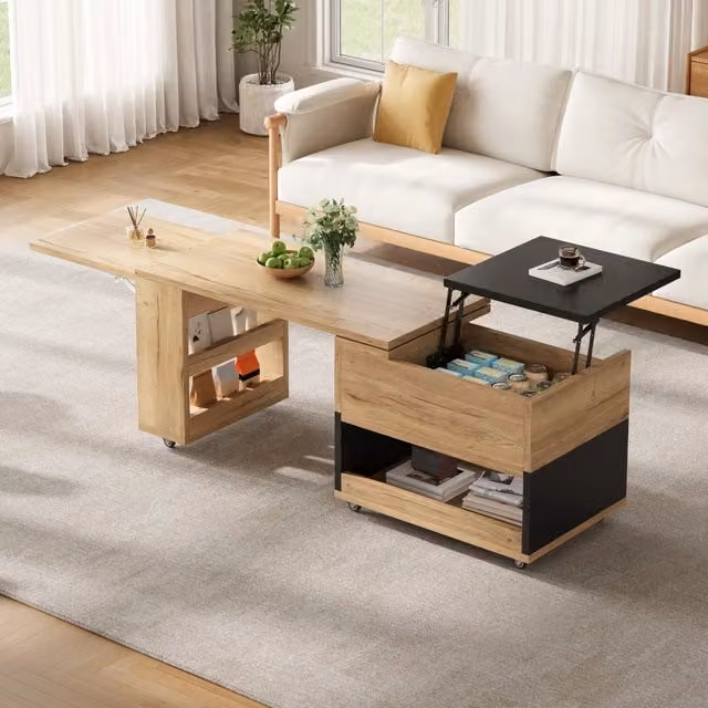 Tavolino da caffè Minimal per soggiorno con piano estensibile e meccanismo a sollevamento, design moderno in legno nero e marrone, L: 100 cm, P: 50 cm, H: 45 cm
