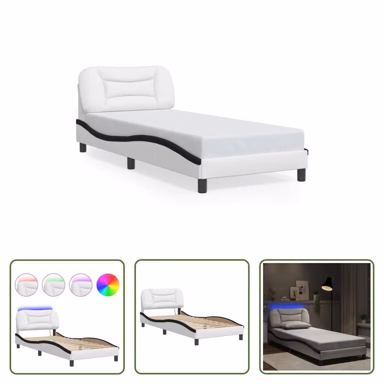 The Living Store Struttura letto con LED bianco e nero 80x200 cm in ecopelle