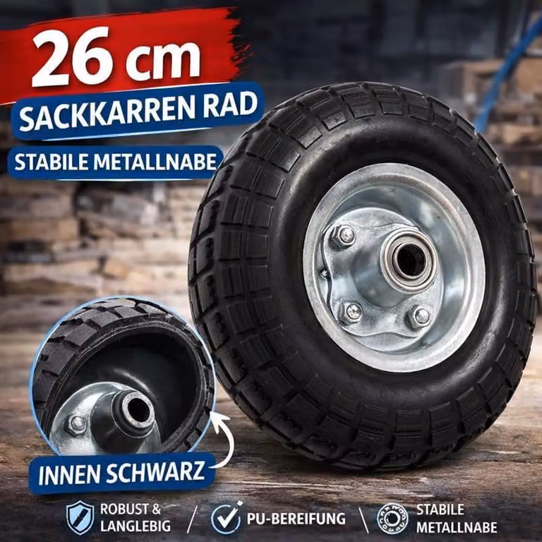 Ruota per camion a sacchi Pneumatico Gomma pienaPoliuretanoCuscinetto a sfere per camion a sacchi Ø 260 mm 4,10/3,50-4