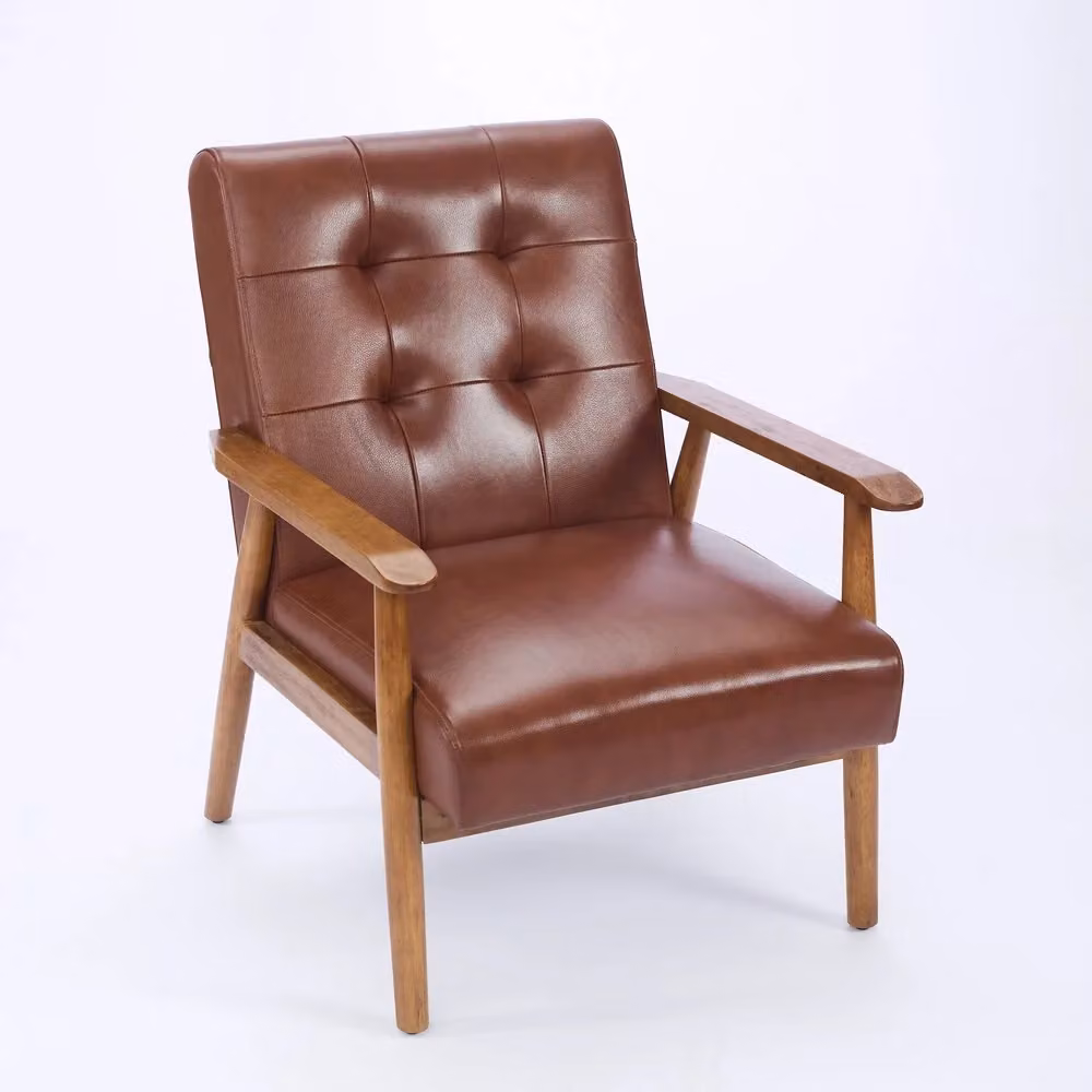 Poltrona relax Minimal in pelle marrone con braccioli e gambe in legno per soggiorno e camera da letto – 2