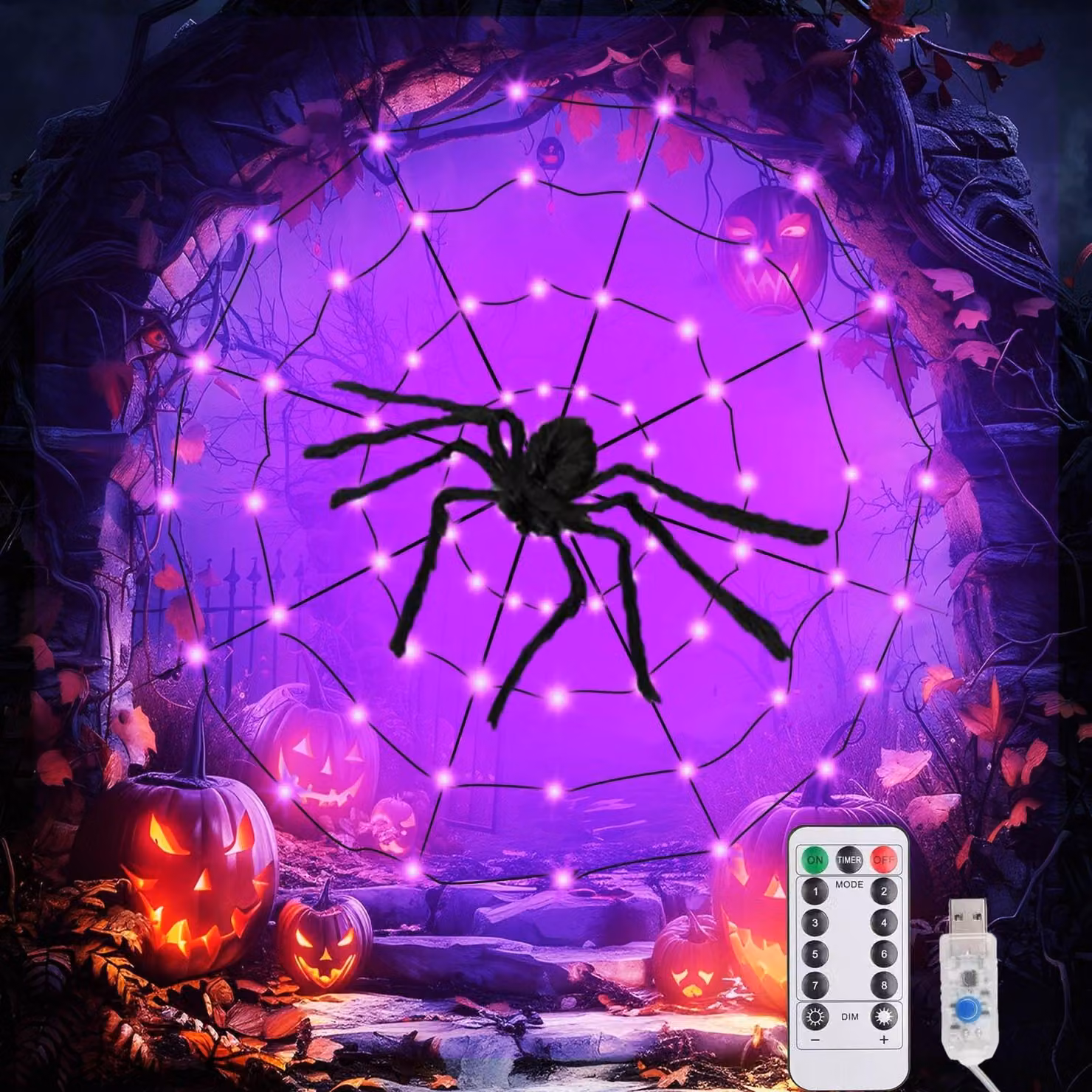 Catena luminosa a forma di ragnatela, 70 LED, 8 modalità, alimentazione USB, color viola, diametro 1,3 m