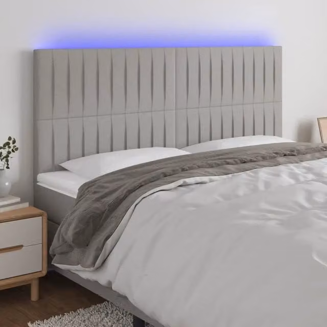 Testiera con LED Design Mania in tessuto grigio chiaro con porta USB, L: 160 cm, P: 5 cm, H: 118/128 cm