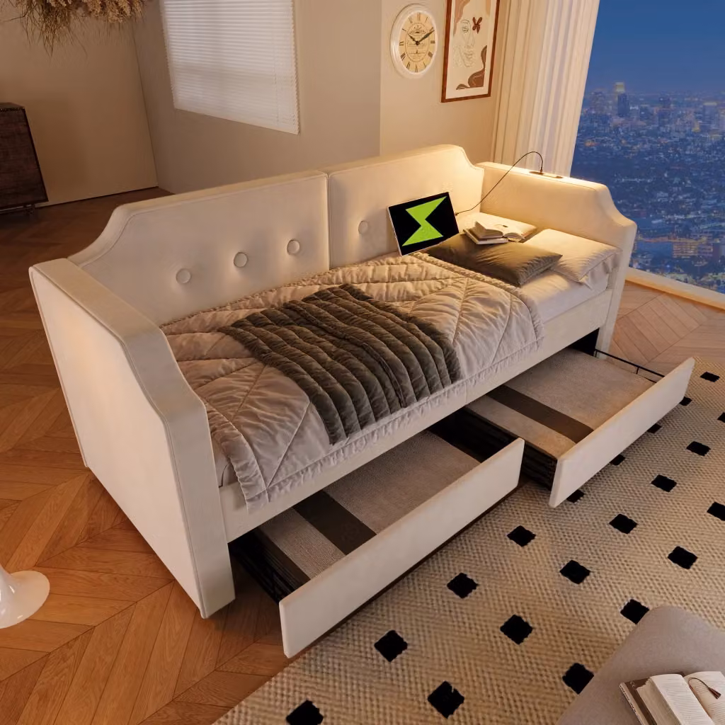 Letto Mivray con cassetti e luce da lettura USB Type-C in velluto beige con rete a doghe L/P: 90 x 200 cm – 2