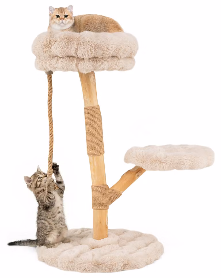 COSTWAY Albero tiragraffi in legno da 90 cm, albero per gatti con 3 sedute in peluche, corda e pali per graffiare in juta, torre per gatti, mobile per gatti, albero per arrampicarsi in legno massello (beige)