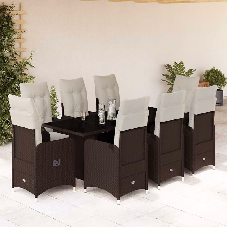 Set Bistrò da Giardino e Balcone vidaXL 9 pz in Polyrattan Marrone con Cuscini e Piano in Vetro