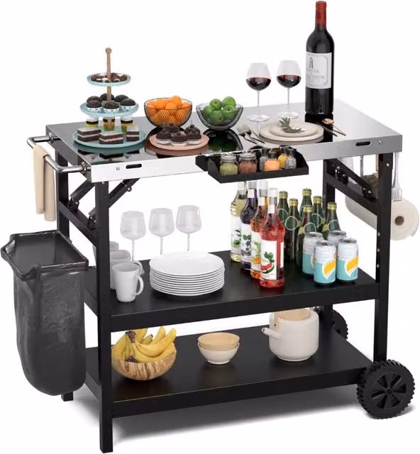 Carrello barbecue con 3 ripiani supporto reggi cellulare portaspezie portasciugamani-Buffet-Armadio da cucina Carrello BBQ in metallo Nero
