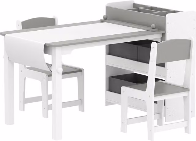 Set Tavolo e Sedie per Bambini AIYAPLAY con Tavolino Contenitore in Legno e Tessuto, Grigio e Bianco