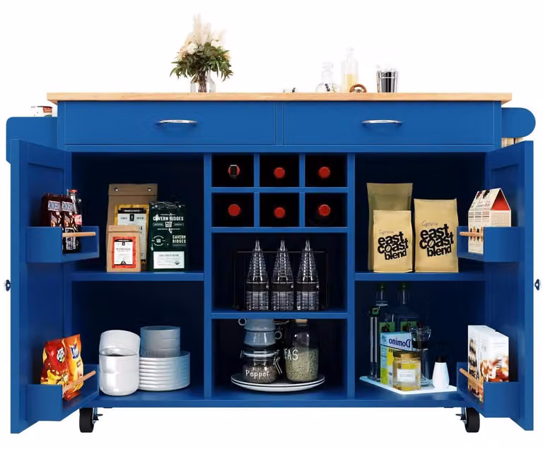 Isola da cucina con spazio contenitivo, dimensioni 102x45x92 cm, finitura effetto legno blu, con ruote