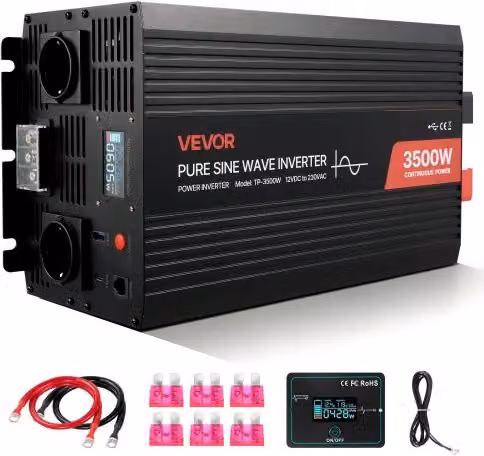 Inverter di Corrente VEVOR da 3500 W a Onda Sinusoidale Pura, Convertitore da 12 V CC a 230 V CA con Display LCD, Telecomando, Porte USB e USB-C, Colore Nero