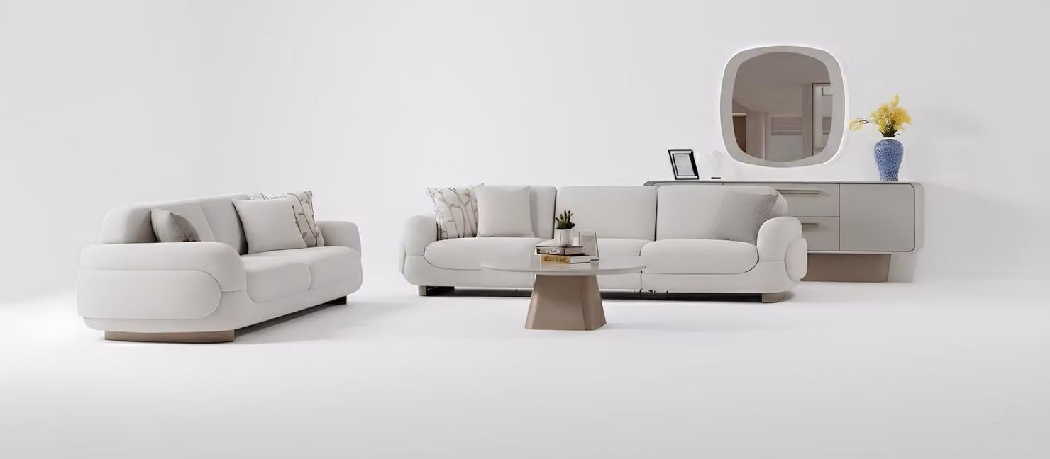 Set per soggiorno: divano, base inferiore, struttura superiore, tavolino. Colore: bianco