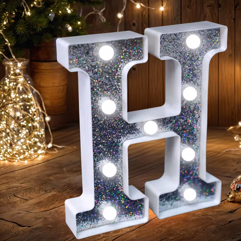 Lampade a forma di lettera LED, color argento glitter, alimentate a batteria, per decorazione